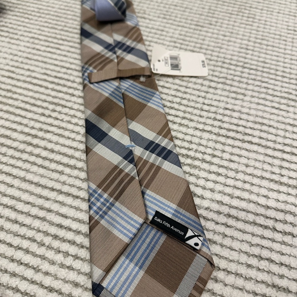 Saks Fifth Avenue Plaid Brown and Blue Tie